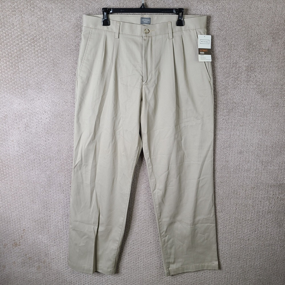 Merona Pants Mens 36x32 Khaki Classic Fit Pleated Ultimate Cotton Chino NEW